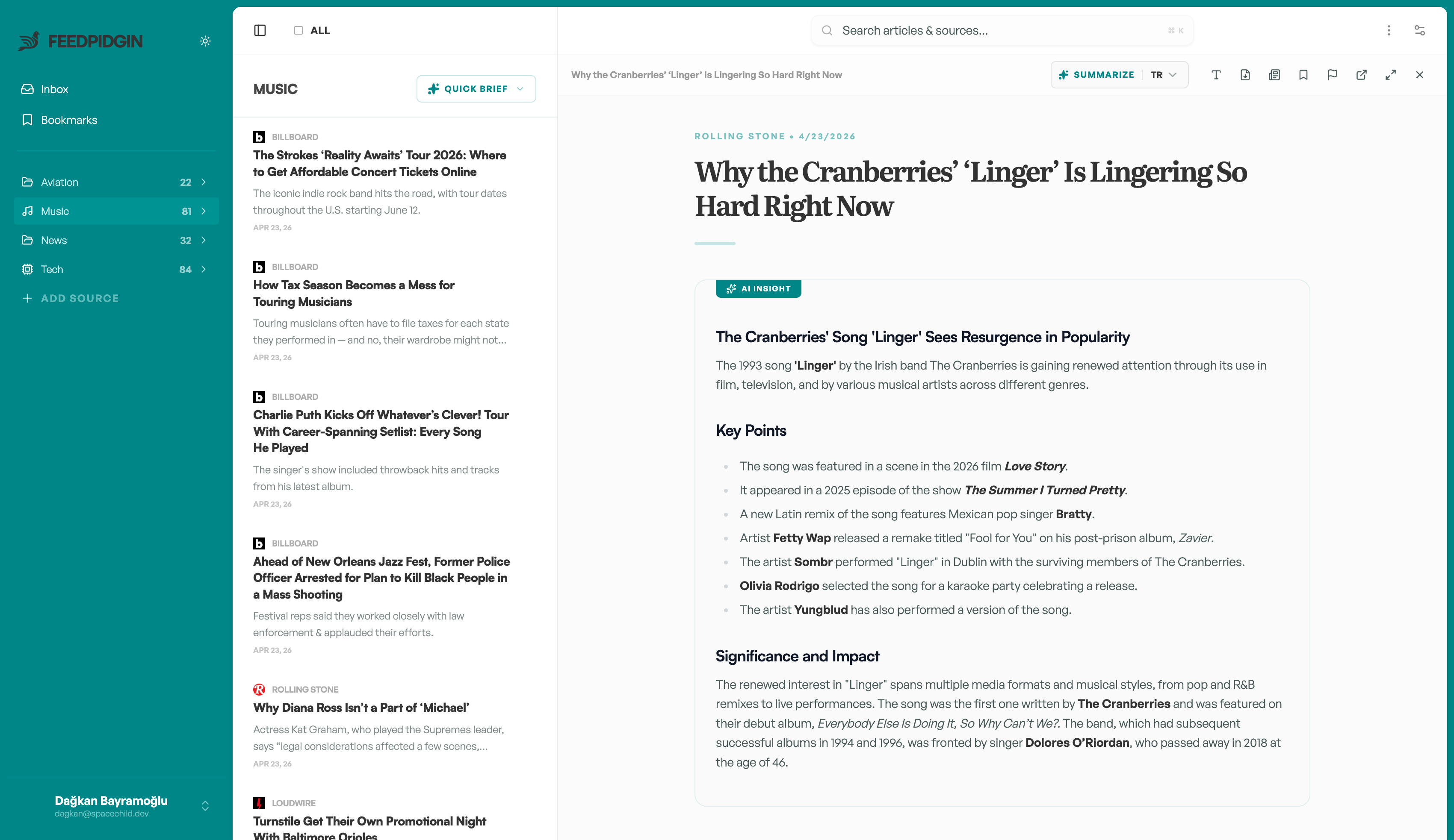 FeedPidgin app — split view with sidebar, article list, and AI summary
